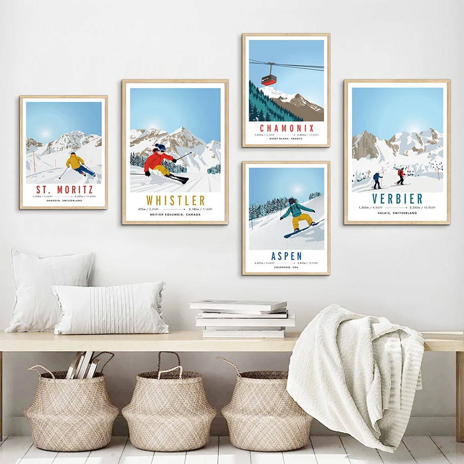 Tignes Aspen Snowboard Ski France Canada Wall Art Canvas Painting Nordic Poster And Print Pictures For Living Room Home Decor