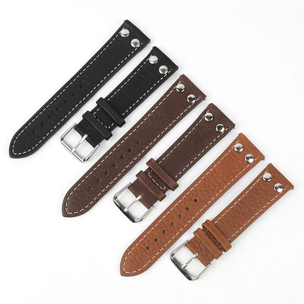 Genuine Leather Handmade Watch Band Strap 18mm 20mm 22mm With Rivets Universal Watchband Steel Buckle Strap Wrist Belt Bracelet