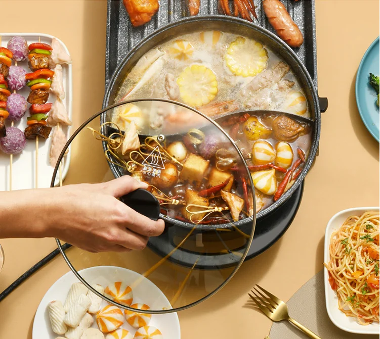 Panela elétrica removível 220v, quente e grelha 2 em 1 multifuncional, panela ela de fritura, churrasqueira para casa