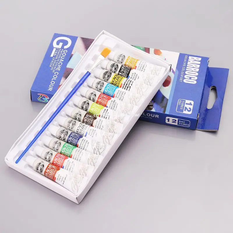 Conjunto de tubos de tinta guache 12 cores, 6ml, pintura de pigmento de desenho com escova, materiais de arte, dropship