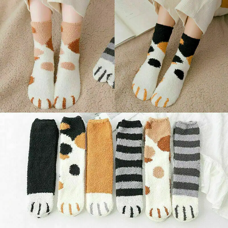 PUDCOCO Women Winter Fluffy Fuzzy Warm Slipper Socks Cute Meow Cat Paws Print Hosiery Girls Coral Fleece Sleep Floor Socks