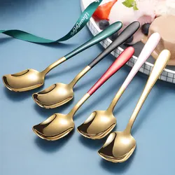 5-Color Square Head Spoon Stainless Steel Dessert Ice Cream Scoop Gold Small Teaspoon Tableware Kitchen Drink Accessories