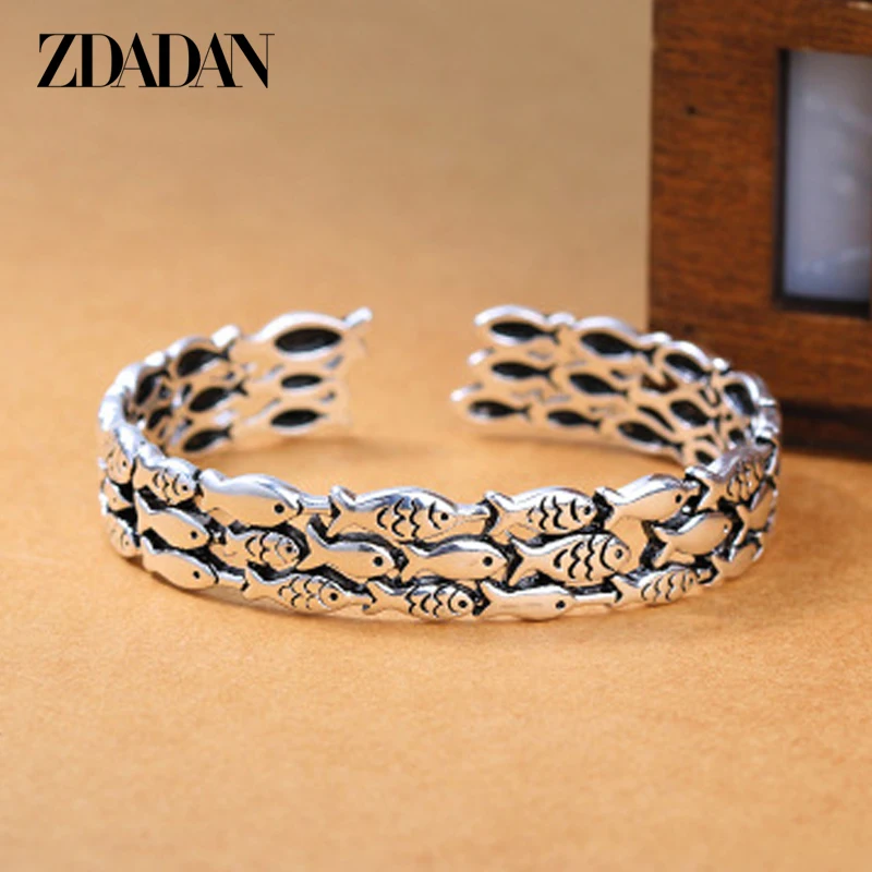 ZDADAN 925 Sterling Silver Cute Fish Open Cuff Bracelet&Bangles For Women Men Fashion Jewelry Gifts