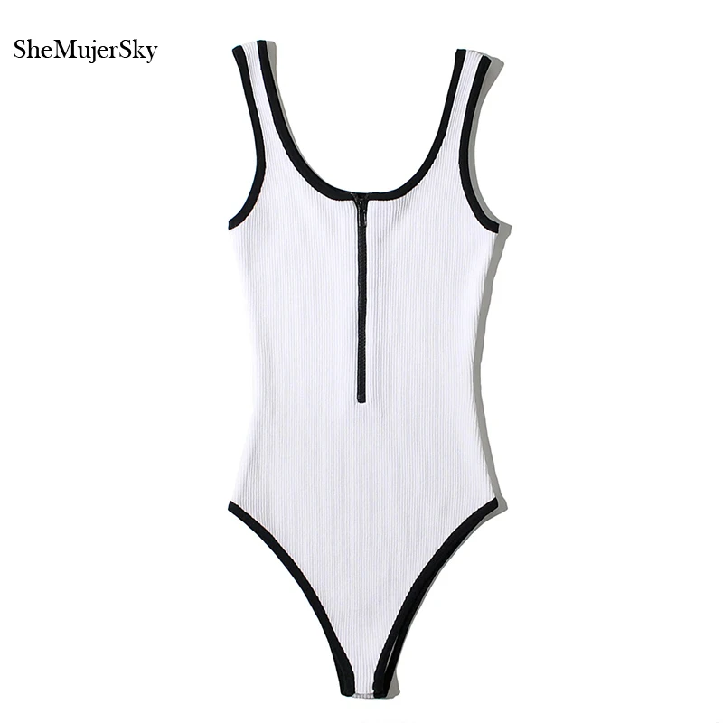 SheMujerSky Summer Sexy Cami Knitted Bodysuits Women Sleeveless Elastic Slim Zipper Tops Jumpsuits 2021