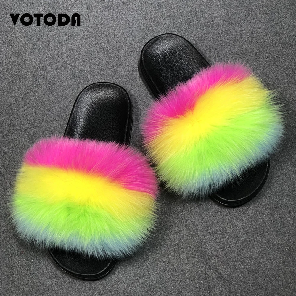 Summer Furry Shoes Women Fur Slippers Fluffy Raccoon Fur Sandals Fox Hair Slides Flat Rainbow Flip Flop Fuzzy Shoes Woman Slider