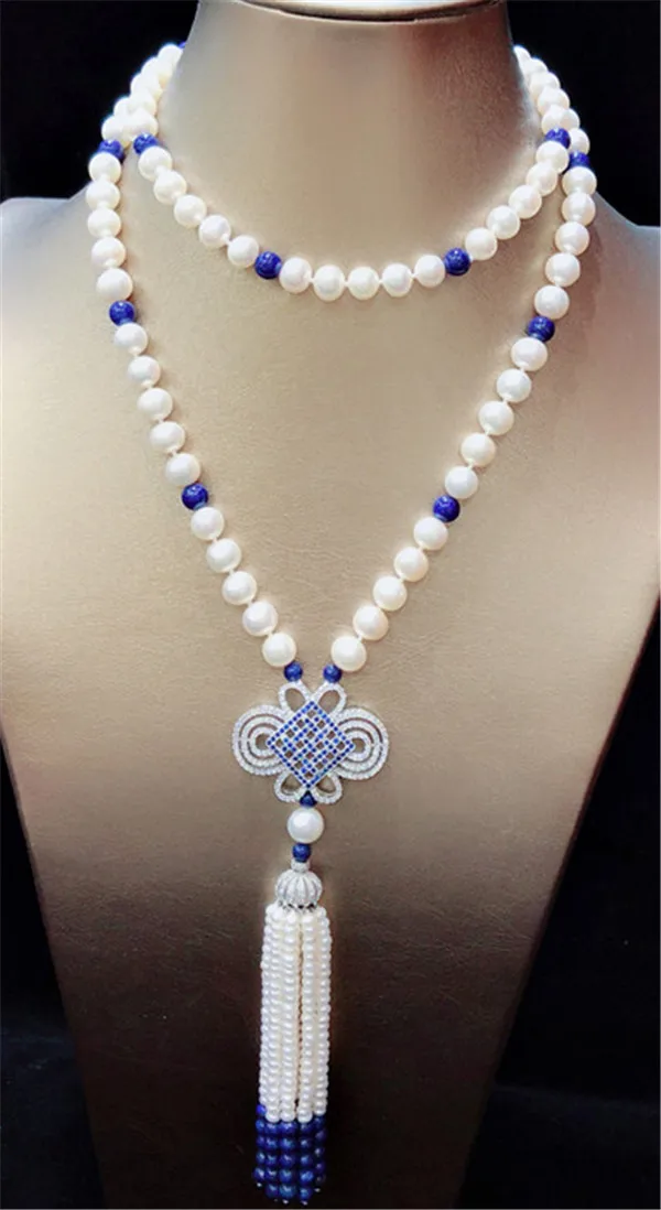 

HABITOO Natural 8-9MM White Freshwater Pearl Lapis Lazuli CZ Chinese knot Pendant Necklace 36inches Elegant Classic Jewelry