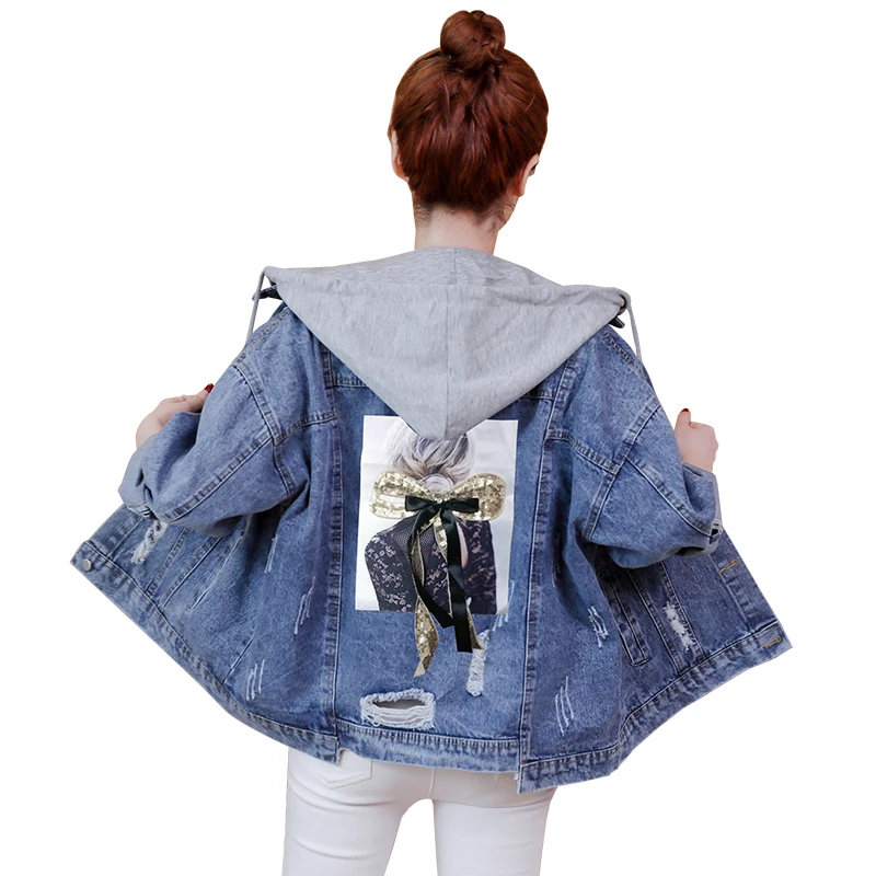 

2022 NEW Spring Autumn Denim Jackets Women Printed Holes Cowboy Outerwear Tops Lady Fashion Loose Band Cap Jacket Female