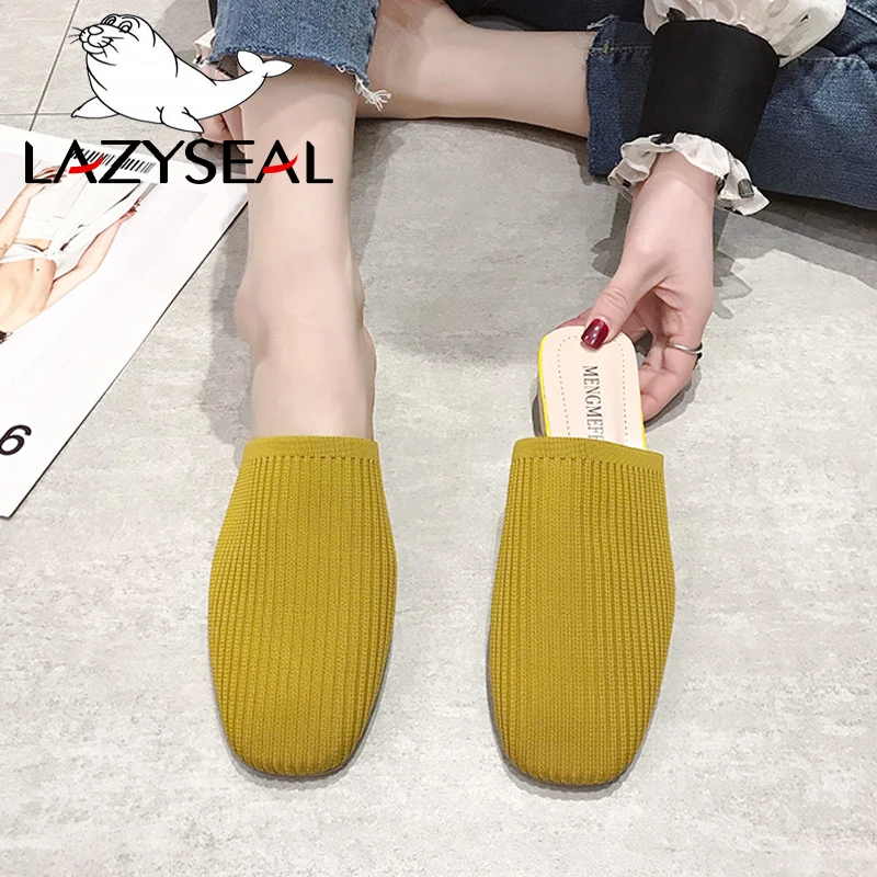 LazySeal Women Mules Knit Fabric Slippers Med Chunky Heel Casual Summer Stretch Fabric Heels Sandals Women Slides Pumps 3 CM