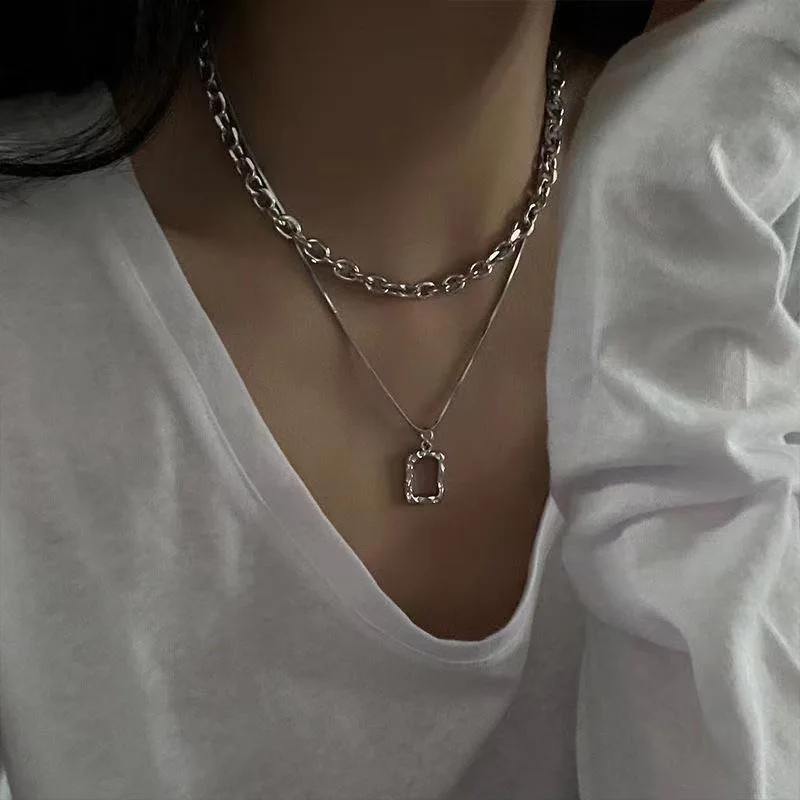 2021 Fashion Unisex Multilayer Hip Hop Long Chain Necklace For Women Jewelry Gifts Square Pendant Necklace Accessories