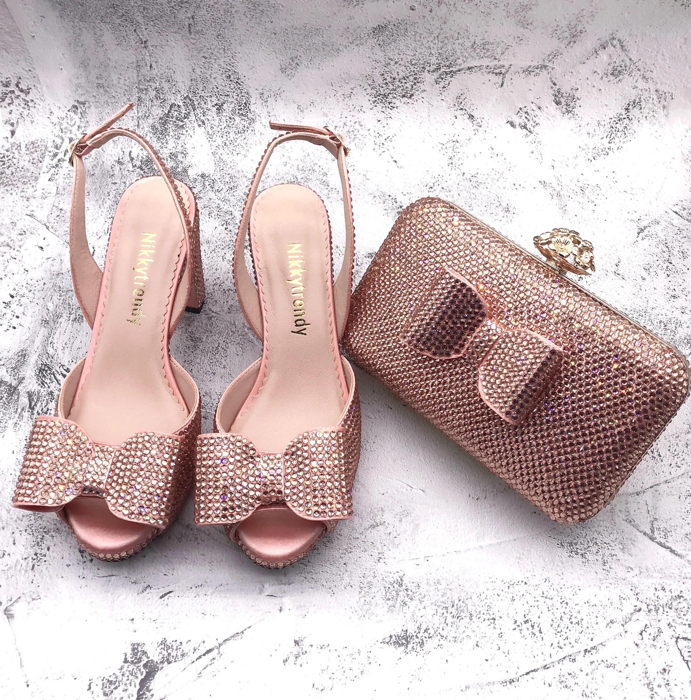 BS1421  Customize Different Heel  Women Shoes Dress Pumps  Bridal Wedding Shoes  Rose Gold Peach Crystal Shoes With Matching Bag