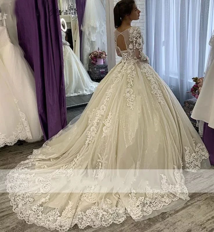 Myyble 2022 vestido de baile vestidos de casamento jóia pescoço sheer mangas compridas rendas apliques oco voltar vestidos de noiva novia