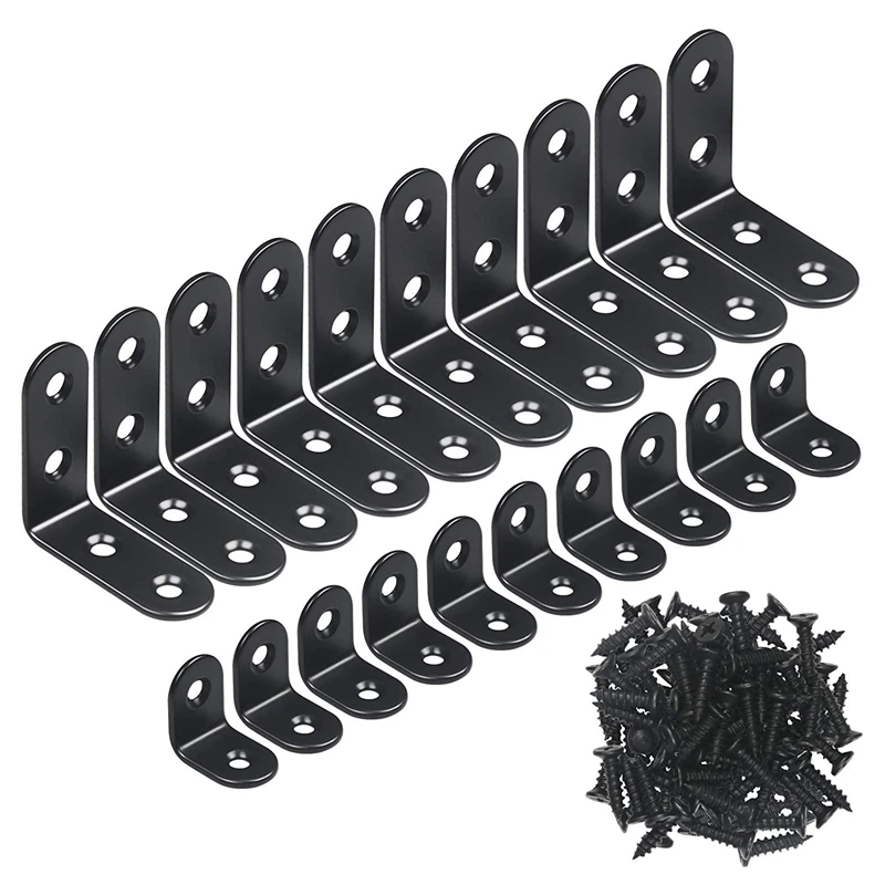 20 pcs Black L Brackets 90 Degree Angle Stainless Steel Joint Bracket Fastener for Wood Chair Bookshelf Board Window Furniture C