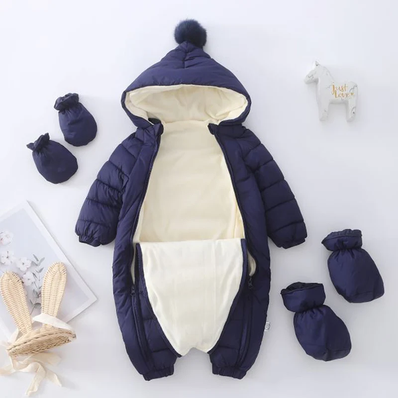 2023 Newborn Baby Jumpsuit Hooded Plus Velvet Warm Baby Boys Snowsuit Toddler Snow Suit Baby Girl Cotton Overalls Rompers