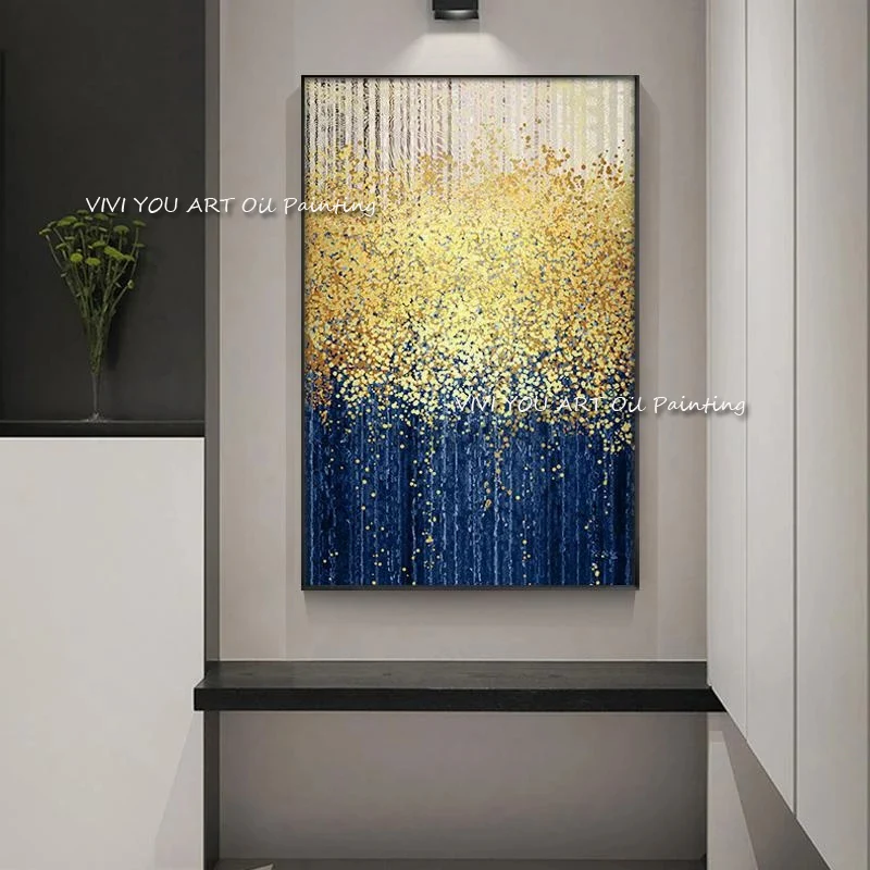 The 100%Hand-painted Yellow Fall Abstract Modern Thick Oil Paintings Canvas Textured Golden Point Blingbling Star Wall Art