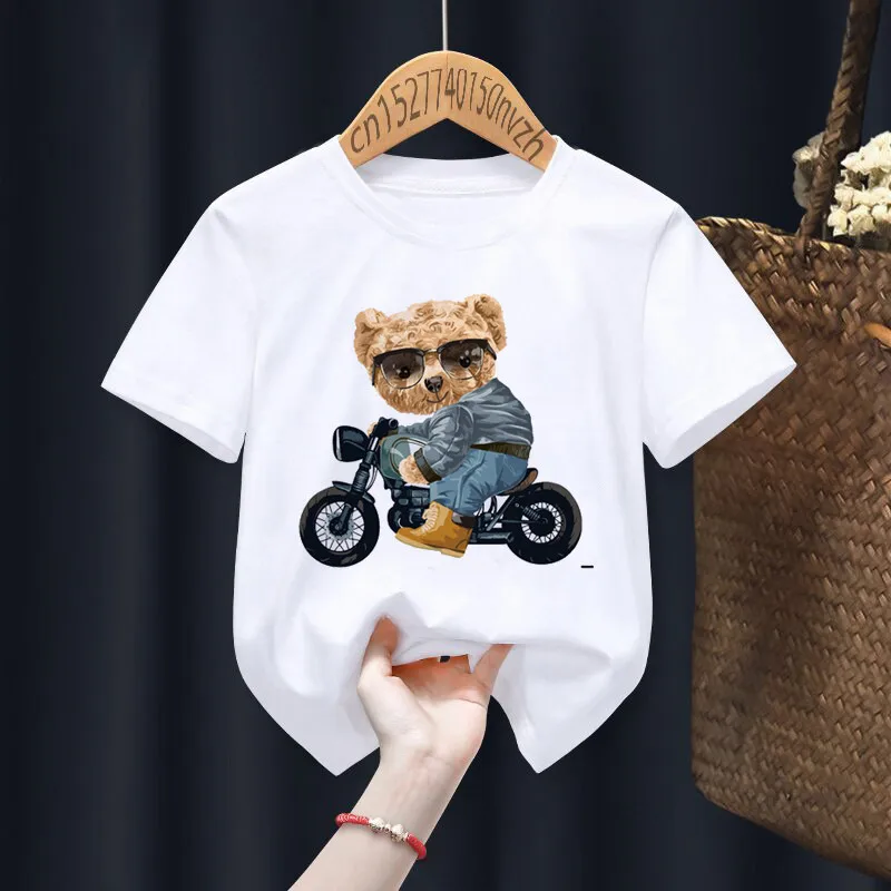 T-shirt blanc imprimé ours drôle pour garçon et fille, vêtements d\'été pour enfants, Harajuku, Kawaii, petit bébé, moto, drop sunshine, Y2K