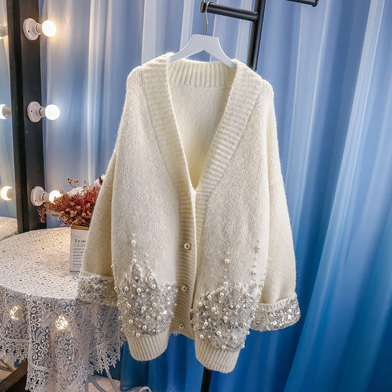 Large Size Sweater Women Wind Heavy Industry Beaded Sequins Knitting Lazy Wind Loose Thickening Knitted Cardigan Womens Jacket