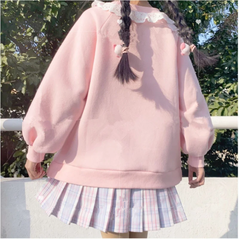 Sudadera con capucha para mujer, suéter bonito con cuello de encaje, estilo Harajuku Kawaii, Lolita, rosa, cordero y caramelo bordado, primavera 2024