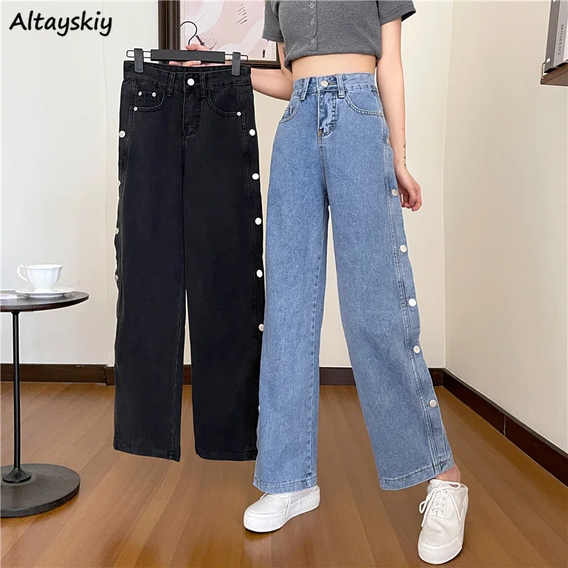 

Women Jeans Side Buttons High Street Denim Trousers Straight Slim Korean Style Student Ulzzang Empire Waist Ins Hipsters Retro