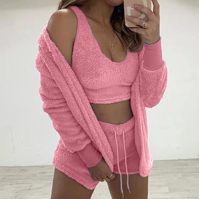 Sexy Women Fluffy Pajama Sets 3 Piece Tracksuit Plush Hooded Cardigan Coat+Crop Top+Shorts Casual Sleepwear Suits Plus Size