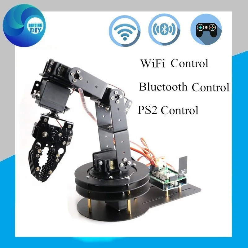 

WIFI/BT/PS2 Control Robotic Manipulator 6 Dof Metal Robot Arm (3D Rotation Base+Metal Mechanical Claw + 6 pcs High Torque Servos