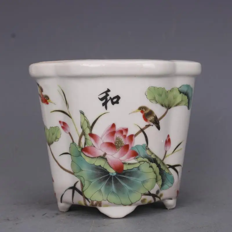 

Pink lotus flowers and birds, fleshy orchids, calamus pots, antique Jingdezhen, Republic of China