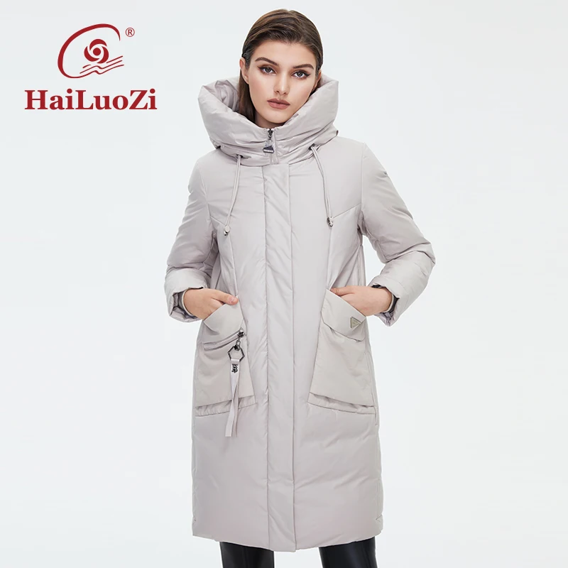 HaiLuoZi 2022 Dames Winter Donsjack Hoge Kraag Gewatteerde Warme Dame Jas Mode Grote Zak Capuchon Rits Vrouwelijke Parka 6026