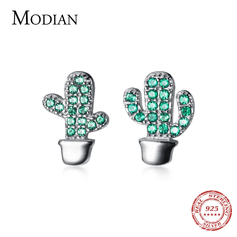 

MODIAN Fashion Green Crystal Lovely Cactus Stud Earring for Women Authentic 925 Sterling Silver Plant Ear Pin Fine Jewelry Gift