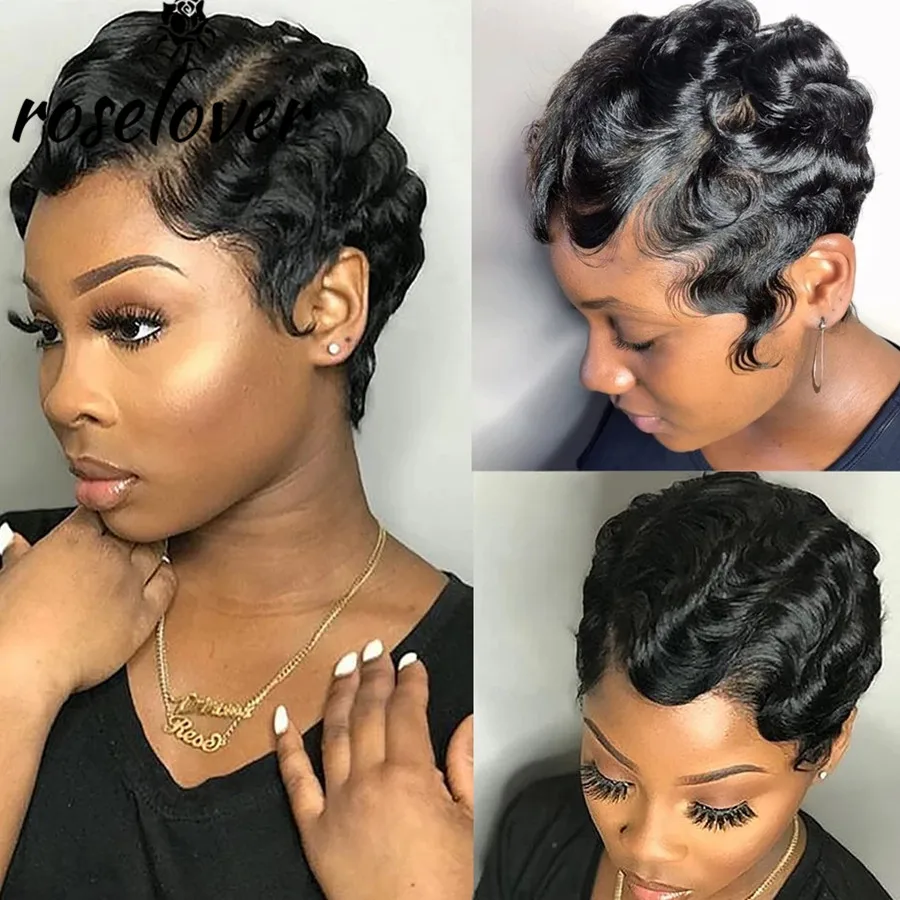 

Brazilian Short Pixie Cut Human Hair Wigs Finger Waves Hairstyles For Black Women Cute Cheap Wig Remy Full Machine Made Wigs