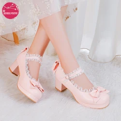 Lace Edge Lolita Shoes Women High Heels Non-Slip Straps Bow Cute Girls Princess Party Pumps Japan Students Cosplay Plus Size