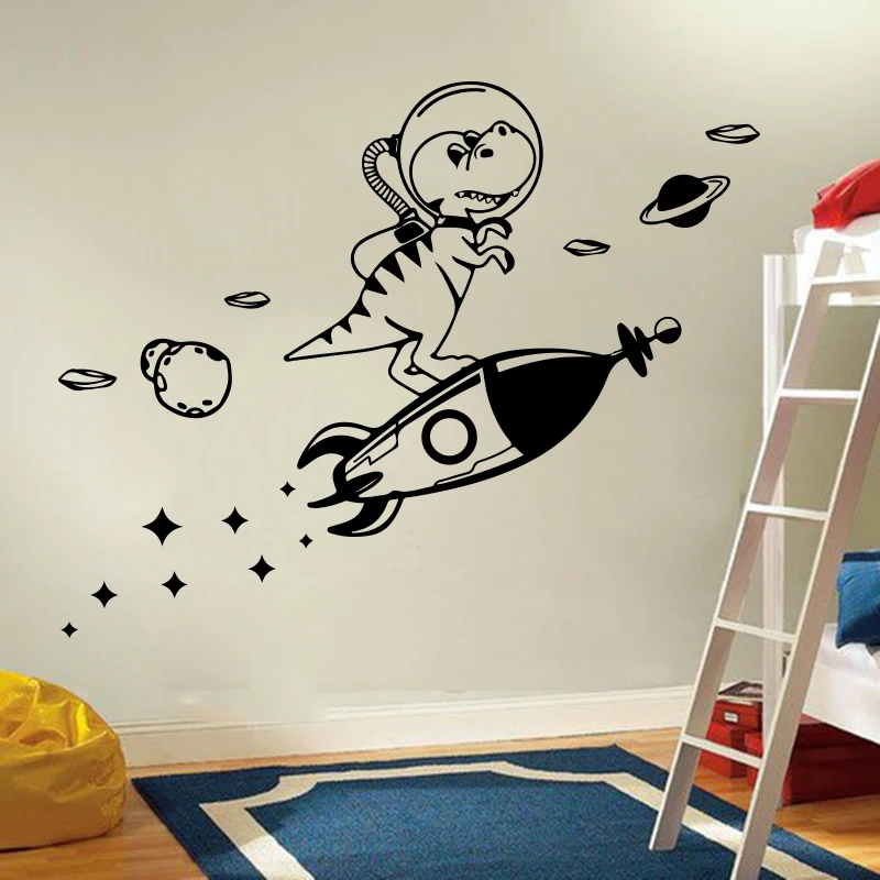 Large Dinosaur Astronomy  Outer Space Rocket Star Wall Sticker Boy Room Kids Room Cartoon Dino Animal Wall Decal Bedroom Vinyl