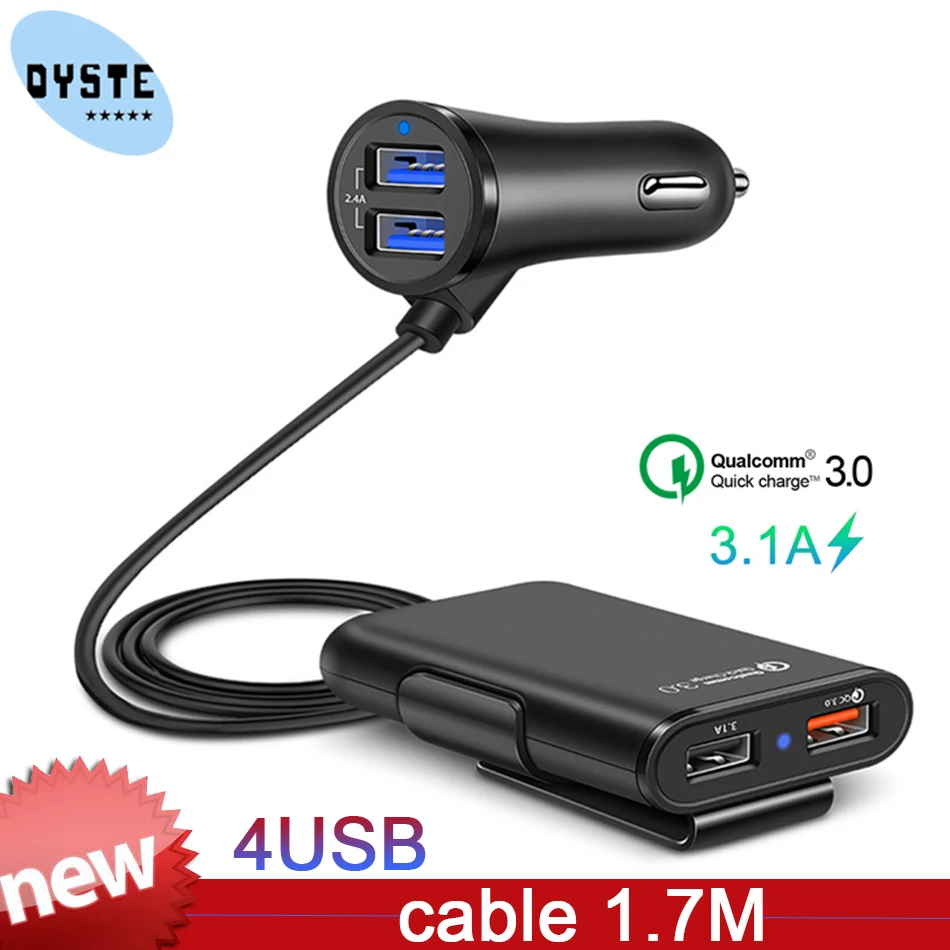 QC3.0 USB Car Charger 4 in 1 Rear Seat Row Quick Charge Auto Fast Charging Mobile Phone Adapter For iPhone Samsung Huawei Xiaomi