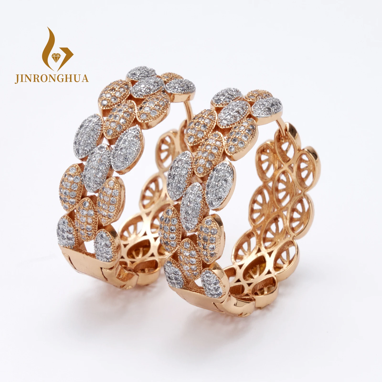 JRH 2-Color Gold Plating Hoop Earrings For Women Luxery Zircon CZ Earrings For Wedding Dubai Bridal Earring Fashion Jewelry