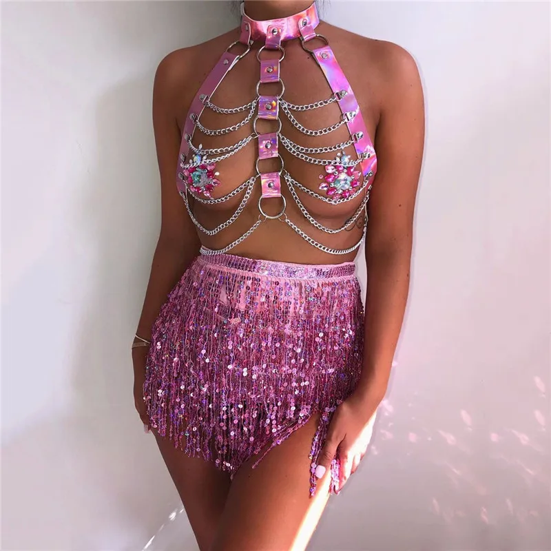 Sequins Belly Dance Tassel Skirt Two Piece Set Women Laser Body Leather Punk Bondage Harness Festival Rave Club Metal Chain Top