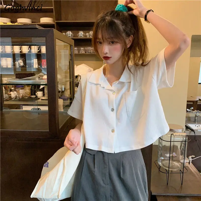 Shirts Women Pocket Solid Short Sleeve Casual Sweet Simple Summer Crop Tops Womens Koreans Style Designed Chic Streetwear Trendy