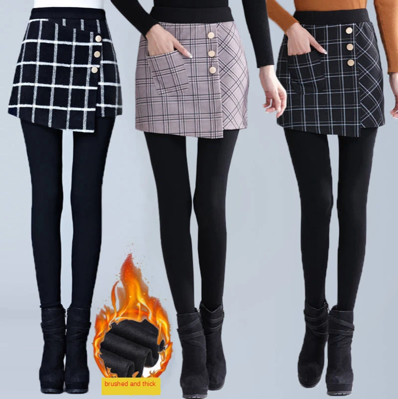 Zimowa kobieta Tartan spódnica fałszywe dwuczęściowe legginsy odzież wierzchnia czarne strzemię spodnie cienkie wysokiej talii Culottes polarowe