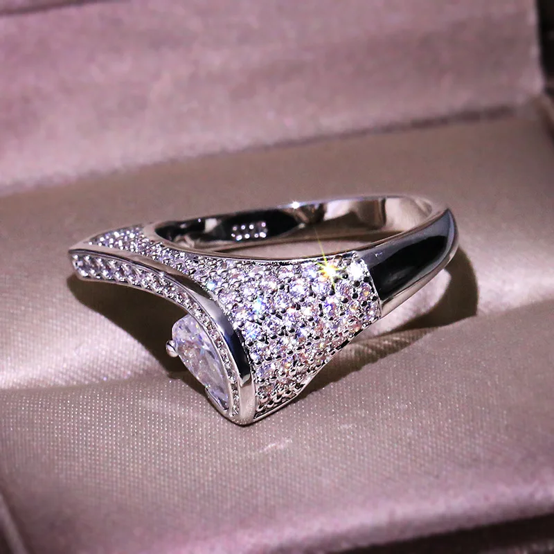 NEW S925 Silver Color Geometric Couple Rings For Women White Water Drop Zircon Wedding Party Jewelry Free Shipping Wholesale
