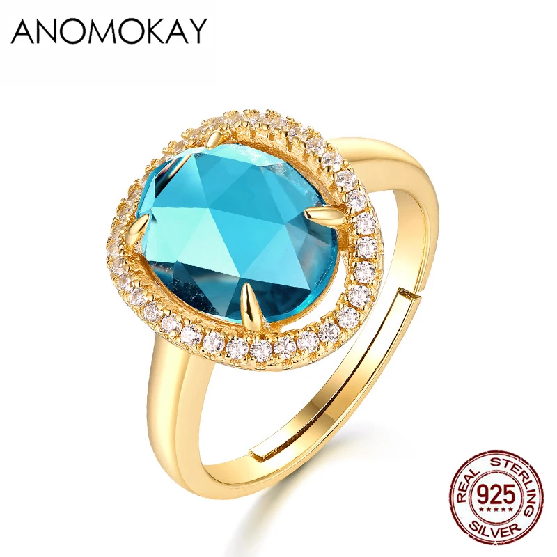 

Anomokay Classic Full White CZ Oval Blue Big Crystal Gold Color Rings for Wedding Party Gift 925 Sterling Silver Resizable Ring