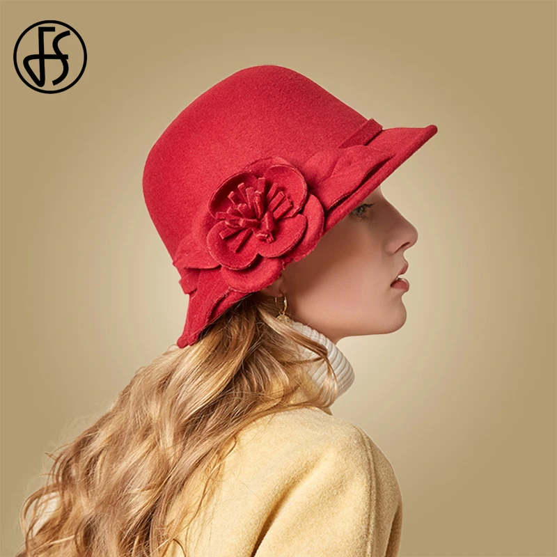 FS 100% Wool Felt Pink Hats For Women Solid Bowler Caps Ladies Winter Red Flower Wide Brim Fedora Hat Chapeau Femme Church Caps