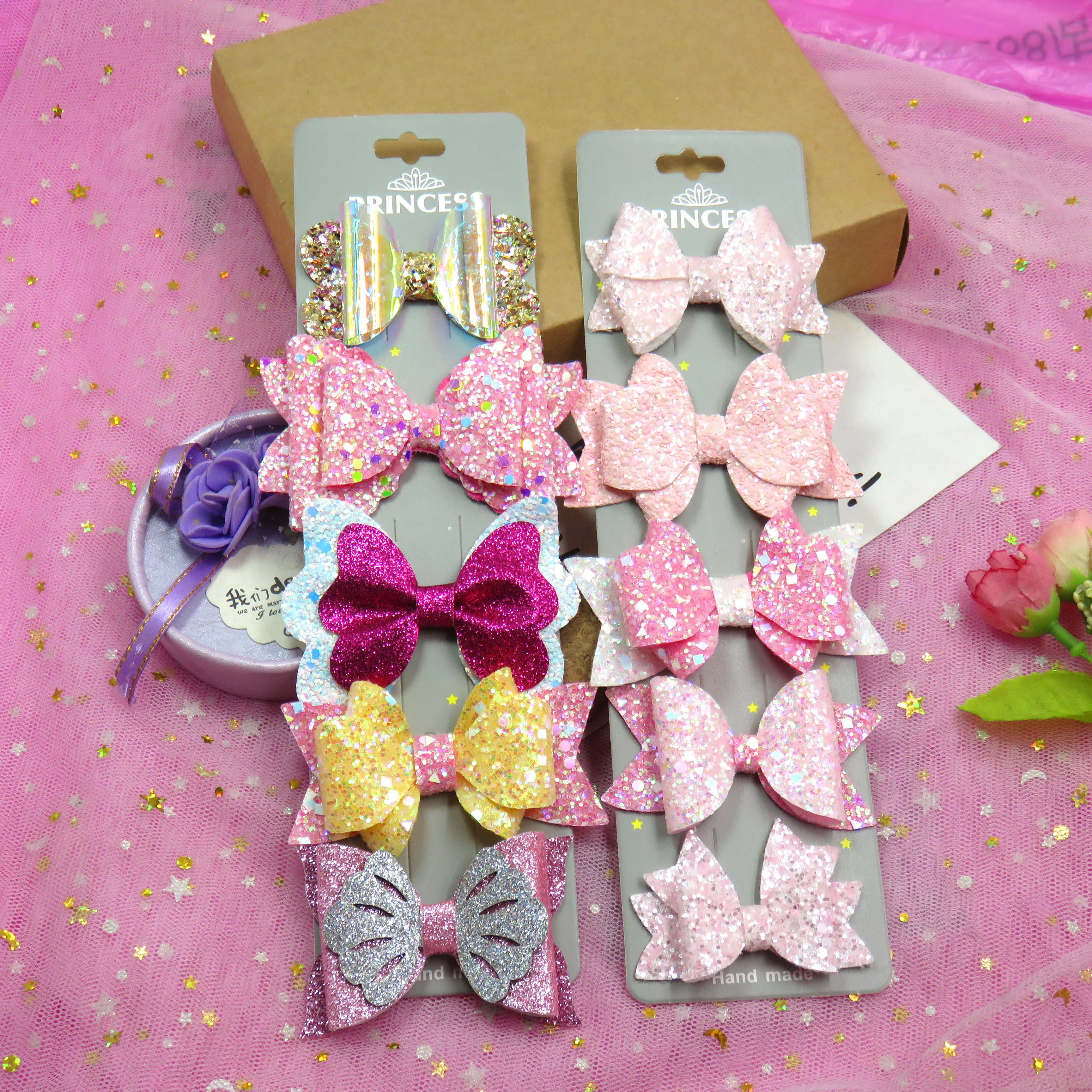 5PCS/SET Cute Shiny Elegant Baby Girls Clip Leather Bow Child Tie Knot Creativity Handmade Hairpins Hair Accessories For Kids