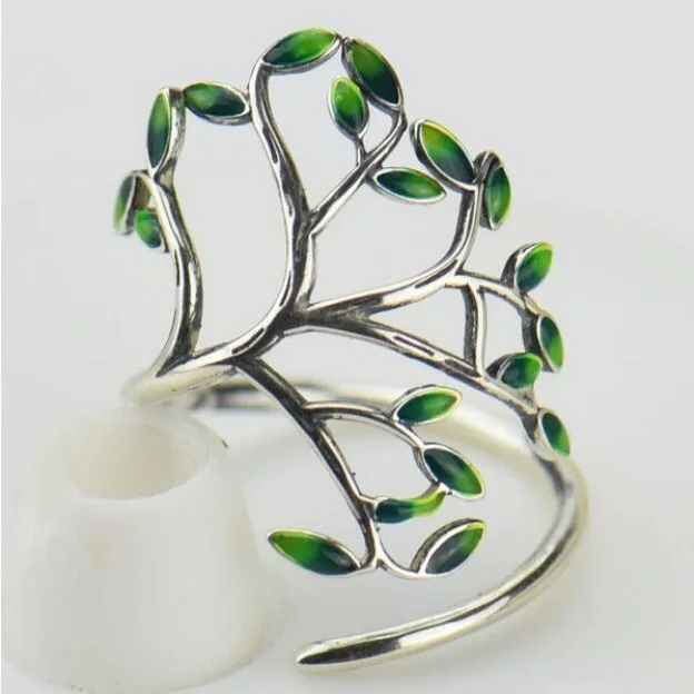 2020 Korean Style Small Handmade Drip Glaze Green Leaf Branch Ring Fashion Open Single Ring Adjustable Ring For Women