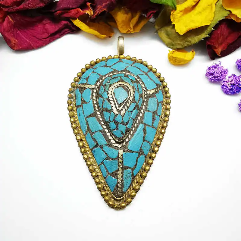 Nepal Vintage Hand Jewelry Brass Inlaid Turquoise Golden Big Pendants Multi Designs TBP200