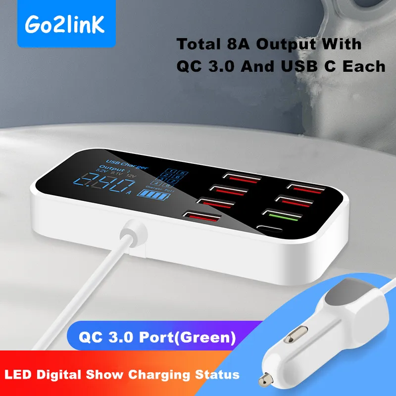 Car Charger For Mobile Phone 40W QC3.0 2.4A 8 USB Ports Fast Charging DC 12-24V For iPhone 11 Pro XS For Xiaomi Mi 8 Mate 30