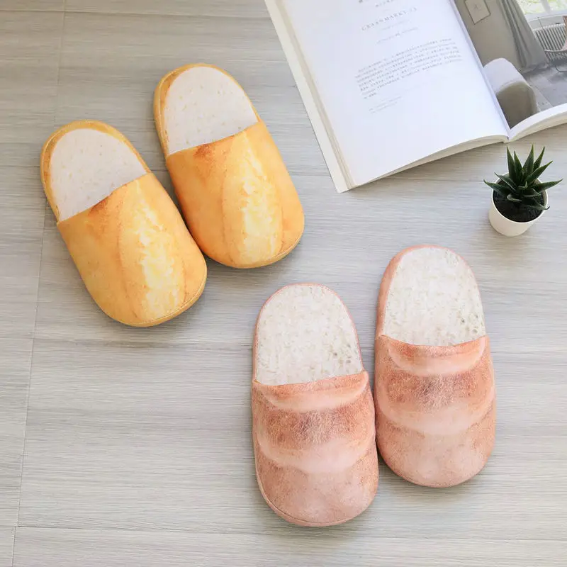 Lifelike Baked Bread Heeled Slippers Plush Stuffed Food Slippers Indoor Floor Big Kids Boys Girls Adults Winter Warm Shoes