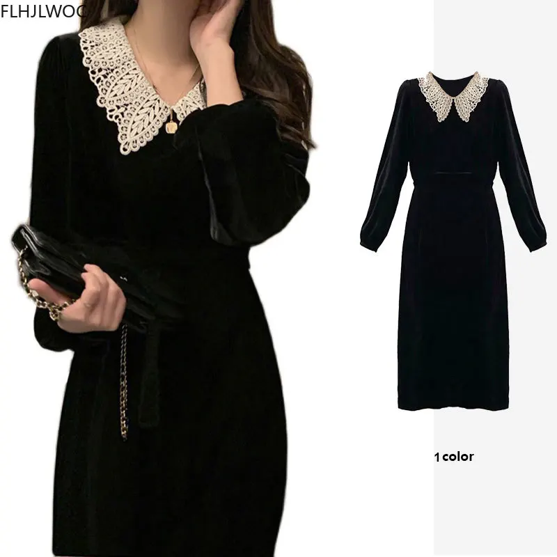 Hot Sales New Design Womens Winter Fashion Frence Style Elegant Office Lady Holow Out Lace Vintage Velvet Black Dress O1717