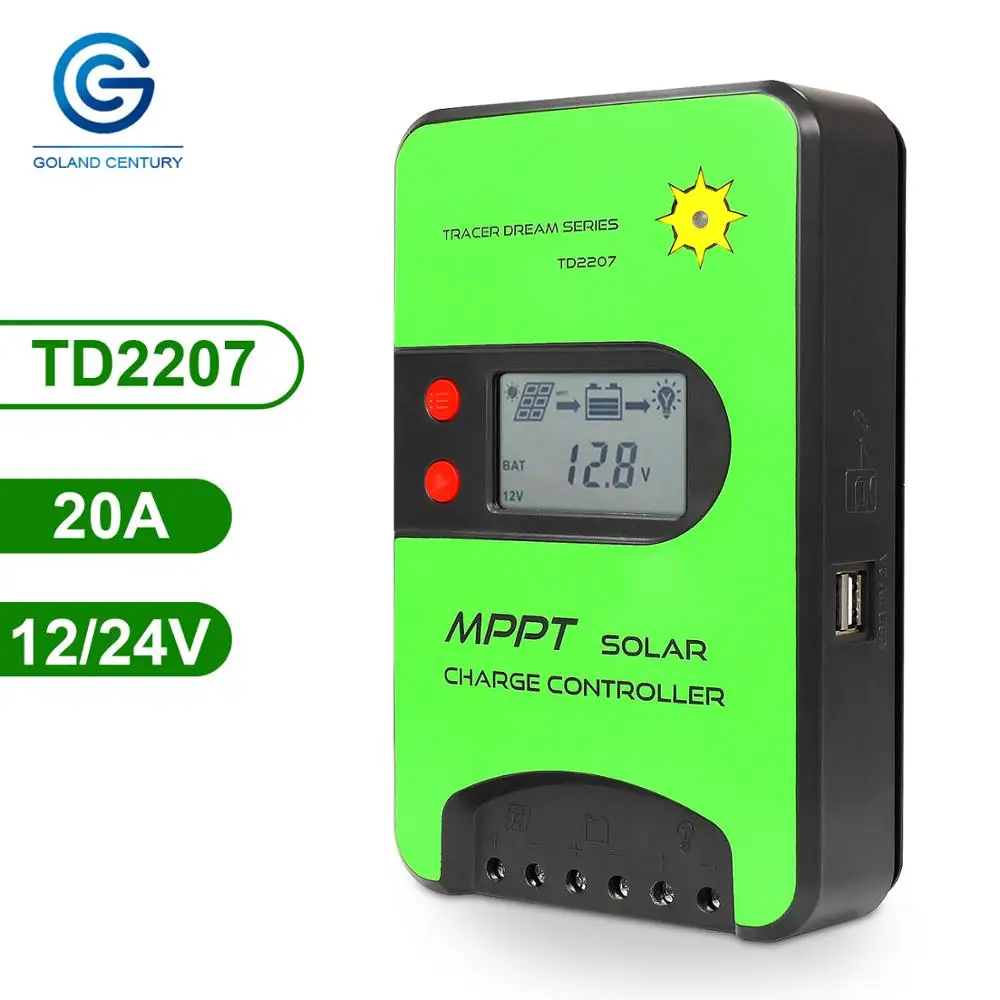

Goland Century LCD Display 20A MPPT 12V/24V Solar Panel Battery Regulator Charge Controller For Off Grid Solar Power System