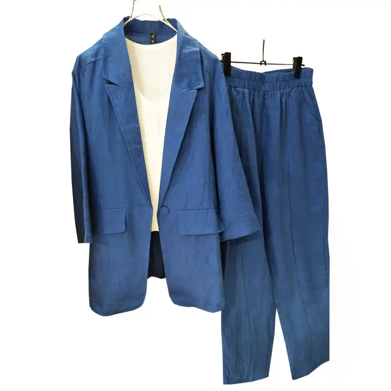 Spring Thin Style Chic Women Blazer & Pants Large Size Cotton and Linen Female Casual Nine-Point Pants Wide-Leg Linen Suit ZH328