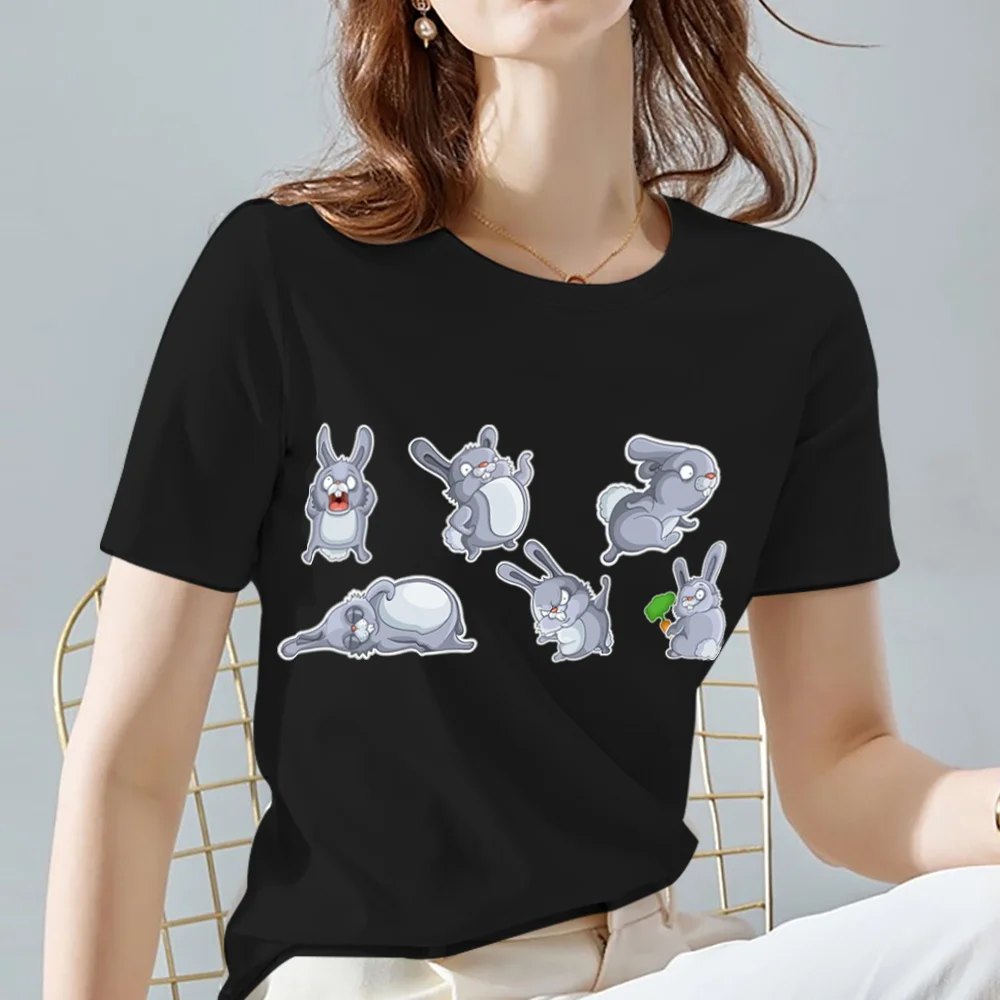 Black All-match Women Tshirts Cute Rabbit Pattern Female Tops Classic O-neck Ladies Commuter Short Sleeve Tee Animal Series