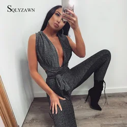 Sexy Sparkle Jumpsuit Women Off Shoulder Lace Up Bodycon Bandage Long Pants Glitter Backless Party Club Rompers Womens Jumpsuits