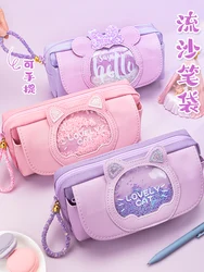 PINK Cat Pencil Bag Quicksand Big Capacity Pen Case Korea Stationery for School Girls PU Canvas Carry Ring Rruler Storage Holder