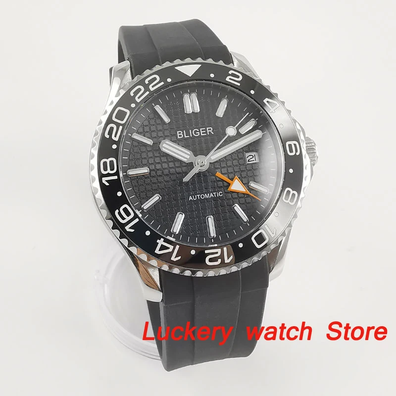 Bliger-41mm 럭셔리 GMT 시계, 블랙 다이얼, 사파이어 유리, 고무 스트랩, 스핀 베젤, GMT 자동 무브먼트, 남성용 시계